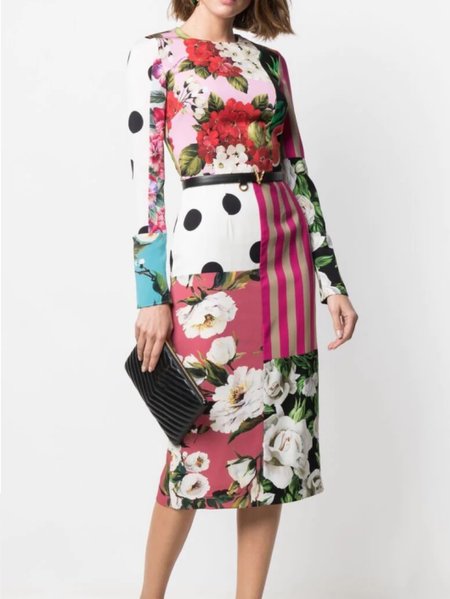 

Round Neck Slim Fit Elegant Floral Dress, As picture, Midi Dresses