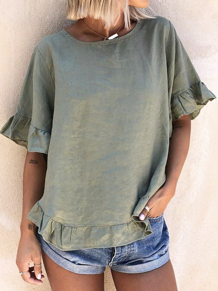 

Plus size Plain Cotton Casual Shirts & Tops, Green, Tops