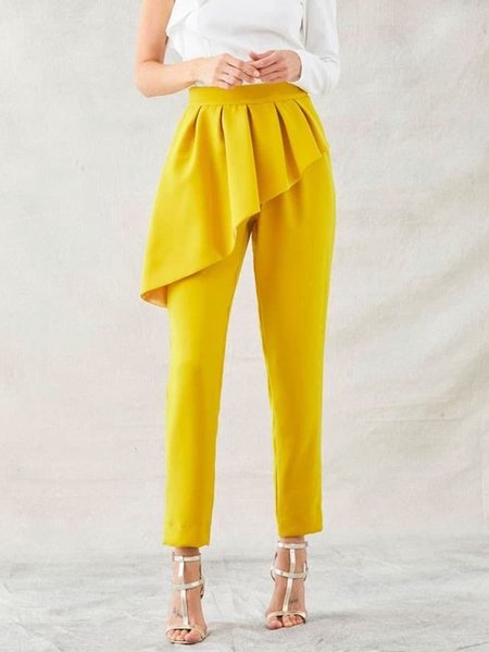 

Elegant Regular Fit Flouncing High Waisted Pants, Yellow, Straight Leg Pants