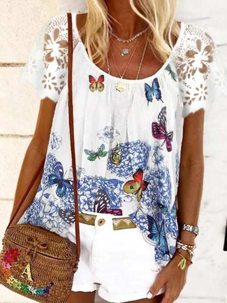 

Floral Butterfly Printed Lace Loosen Shirts & Tops, White, T-Shirts