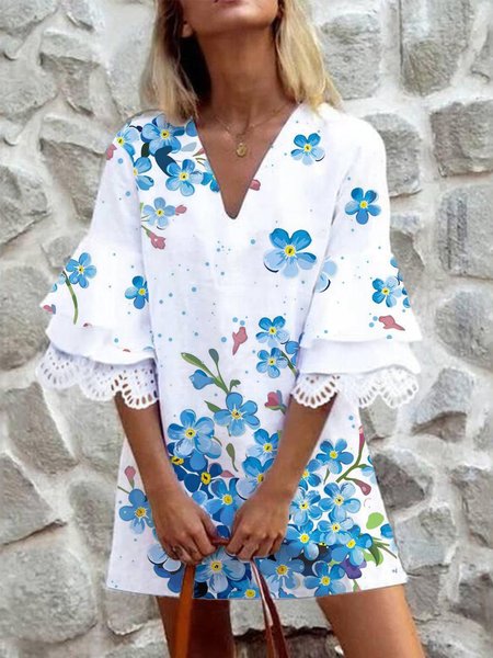 

Loosen Floral Casual Short sleeve Woven Dress, White, Mini Dresses