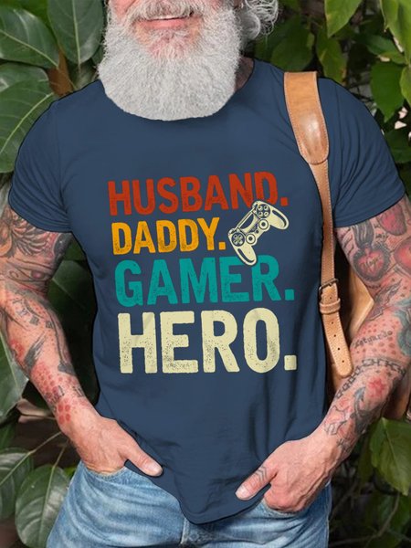 

Husband Daddy Gamer Hero Crew Neck Casual Cotton Short sleeve T-shirt, Navy blue, T-shirts
