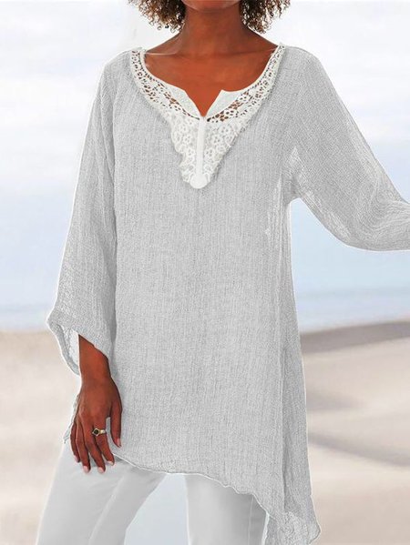 

Plain V Neck Cotton Blends Lace Panel Long sleeve tops, White, Tunics