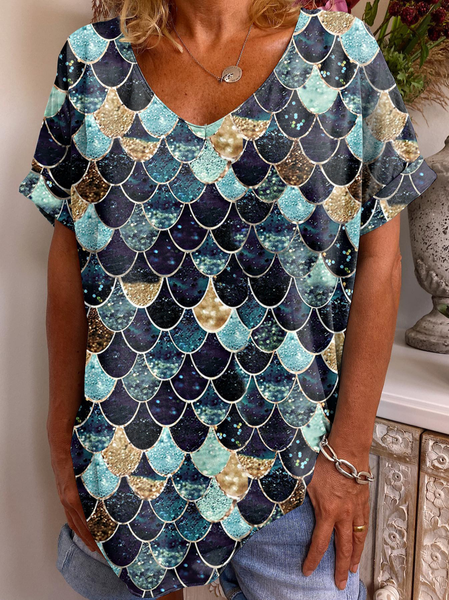 

V neck Abstract Vacation Loosen Shirts & Tops, Multicolor, T-Shirts