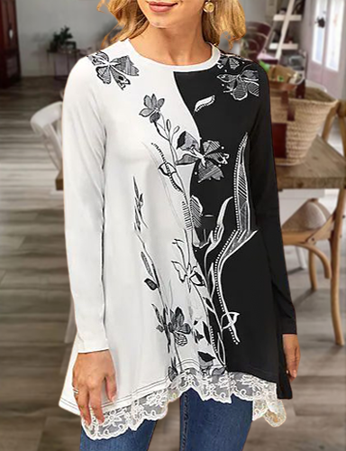 

Black and White Floral Contrast Patchwork Printed Lace Hem Mid-Length Resort T-Shirt Loosen Shirts & Tops, Tunics