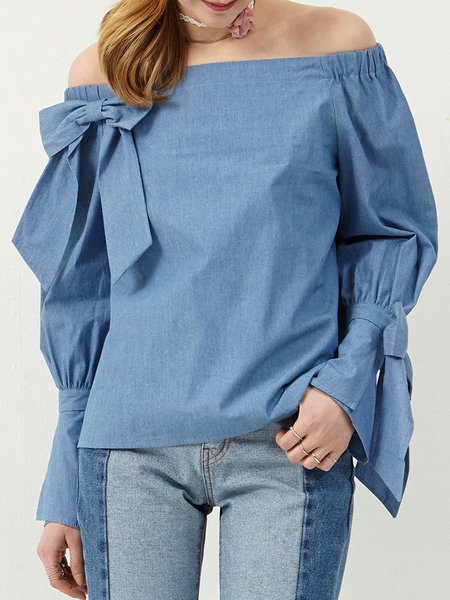 

Elegant Boat Neck Solid Shirt & Top, Blue, Tops