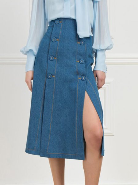 

Solid Straight Regular Fit Elegant Skirt, Blue, Midi Skirts