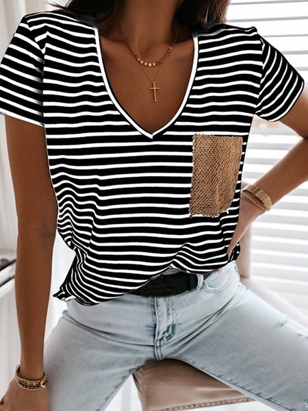 

Plus Size Striped V neck Loosen Short Sleeve Shirts & Tops, Black, T-Shirts