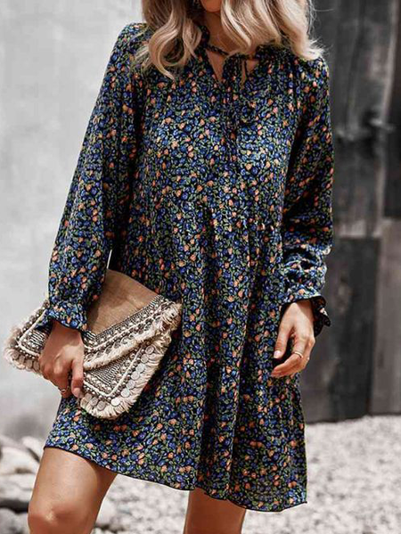

Boho Loosen Long sleeve Woven Dress, Purplish blue, Mini Dresses