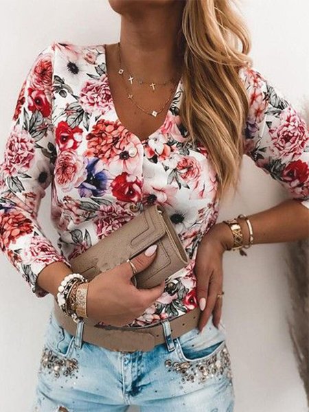 

V Neck Casual Buttoned Long sleeve tops, Multicolor, Tops