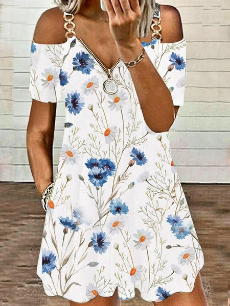 

Cotton Blends Floral Mid Short Dresses, White, Dresses