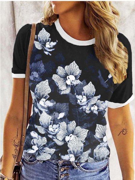 

Floral Loosen Cotton Blends Short Sleeve T-shirt, Black, T-Shirts