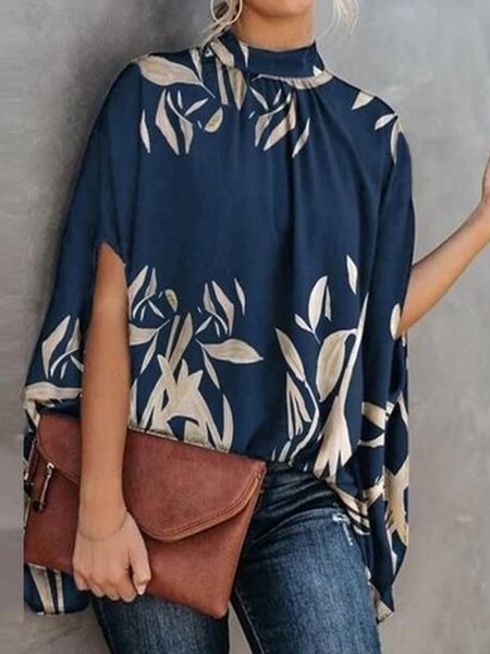 

Leaves Short Sleeves Plus Size Casual Tops, Blue, Tops