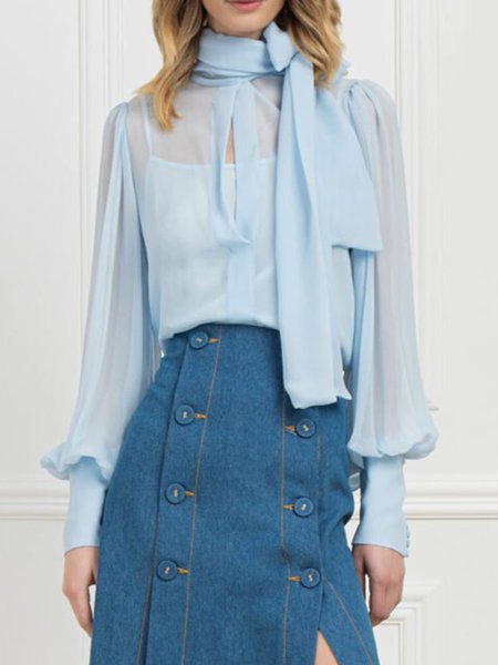 

Solid Tie Neck Long sleeve Elegant Shirts & Top, Blue, Tops