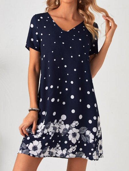 

V Neck Loosen Floral Printed Casual Dresses, Dark blue, Dresses