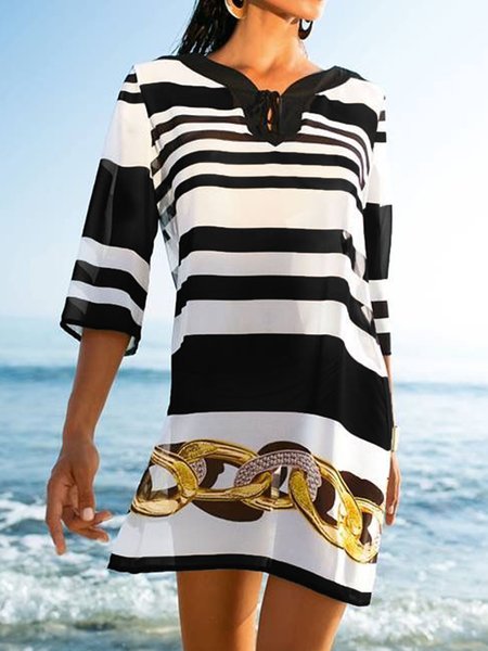 

Casual V Neck Loosen Striped Short sleeve Woven Dress, Black, Mini Dresses