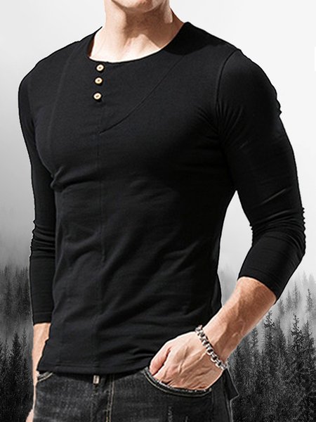 

Men's Split Panel Crew Neck Long Sleeve Tee, Black, T-shirt