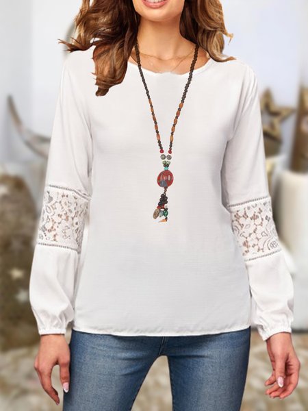 

Elegant Linen V Neck Shirts & Tops, White, Long sleeve tops