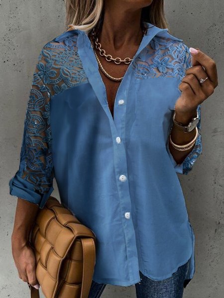 Lace Shirt Collar Casual Loosen Shirts & Tops, Blue, Shirts & Blouses