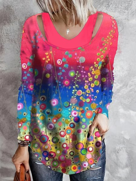 

Ombre Polka Dots Floral Casual Loosen Cotton Blends Crew Neck Off Shoulder Tunic Long Sleeve T-shirt, Flower, T-Shirts