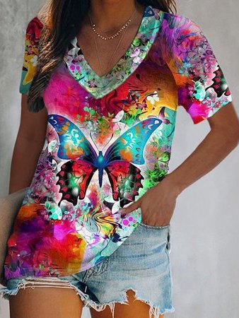 

Raglan Sleeve Loosen Butterfly Cotton Blends Short Sleeve T-shirt, Multicolor, T-Shirts