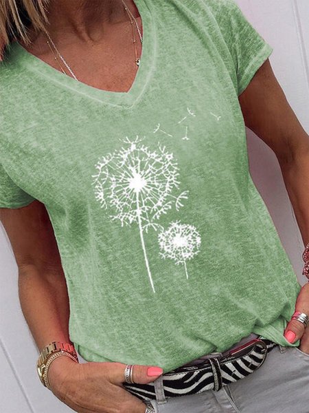 

Dandelion Printed Short Sleeve V Neck Plus Size Casual Tops, Green, T-Shirts