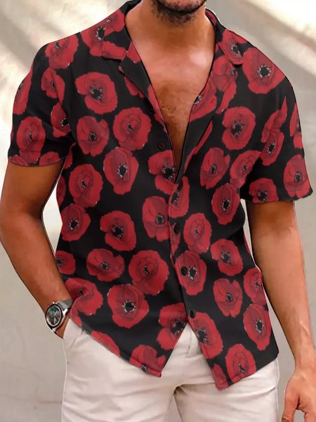 

Red Poppies On Black Large Men's Short sleeve shirt, As picture, Short Sleeves Shirts