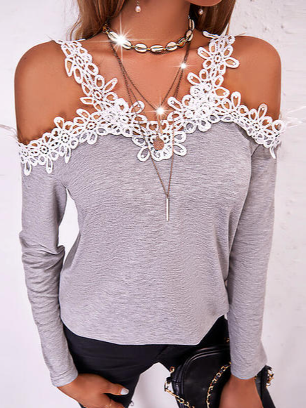 

Elegant Lace Shirts & Tops, Gray, Long sleeve tops