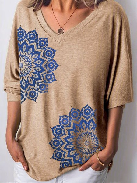 

Casual V neck Geometric Cotton Blends Shirts & Tops, Khaki, T-Shirts