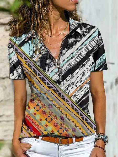 Zipper V Neck Regular Fit Casual Shirts & Tops, Multicolor, Shirts & Blouses