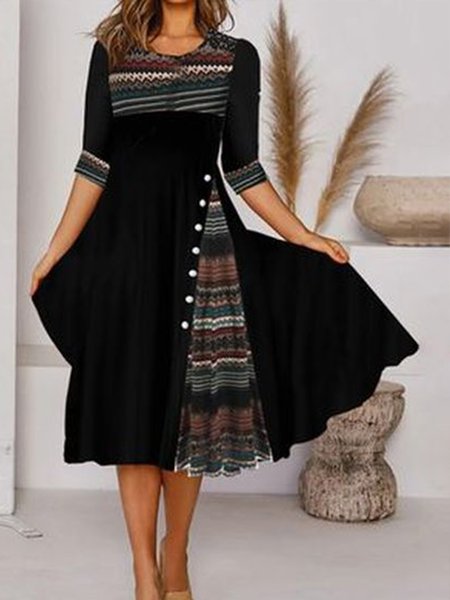 

Ethnic Crew Neck Loosen Floral Loosen Dresses, Khaki, Casual Dresses