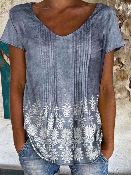 

Casual Floral Cotton Blends Shirts & Tops, Blue, T-Shirts