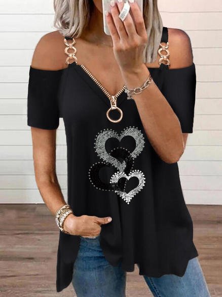 

V Neck Heart Sweet Shirts & Tops, Black, T-Shirts