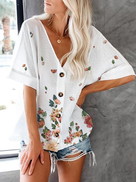 

Casual Floral Cotton Blends Short sleeve tops, White, Blouses & Shirts