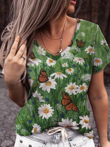

Floral Casual Loosen V Neck Short Sleeve T-shirt, Green, T-Shirts