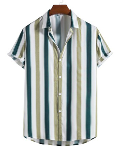 

Recreational Style Fashion Color Stripe Printed Shirts With Short Sleeves, Green, Men's Floral shirt