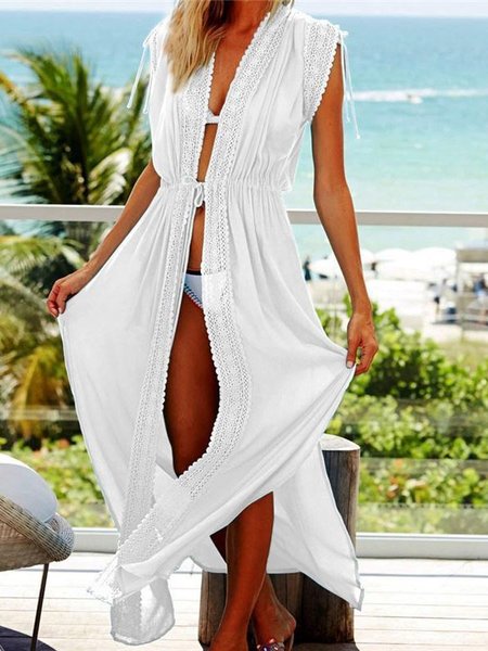 

Loosen Vacation Cotton blends Lace Panel Dresses, White, Maxi Dresses