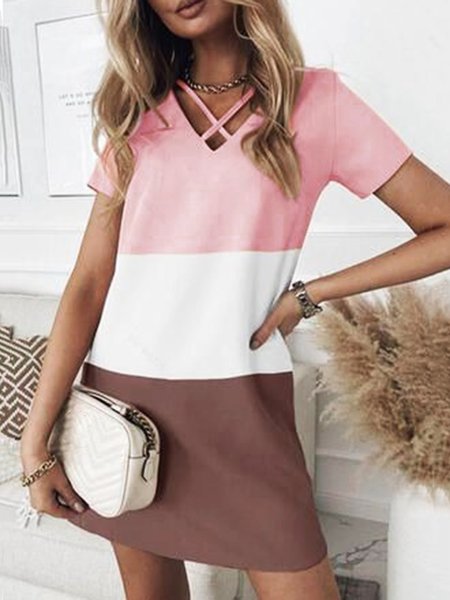 

Color Block V Neck Short Sleeve Casual Loosen Dress, Multicolor, Mini Dresses