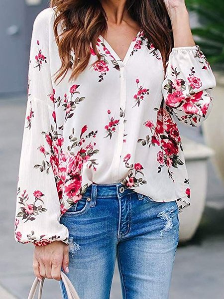 

Floral Casual Cotton Blends V neck Long Sleeve Blouse, Flower, Blouses & Shirts