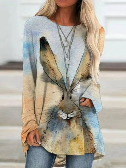 

Cute rabbit printed long-sleeved graphic tees, Multicolor, Long sleeve tops