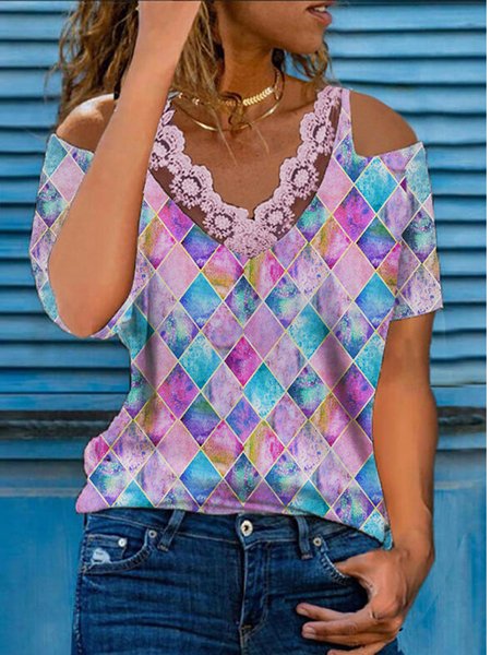 

Geometric Ombre Printed Cotton Blends Loosen V Neck Casual Shirts & Tops, Flower, T-Shirts