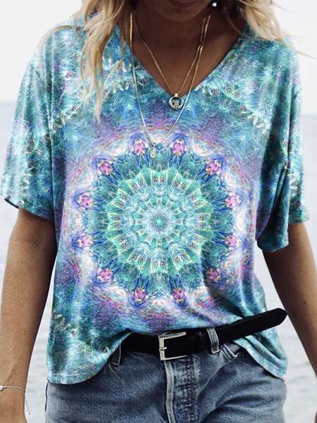 

Tribal Geometric Ombre Boho Off Shoulder Cotton Blends Loosen V Neck Shirts & Tops, As picture, T-Shirts
