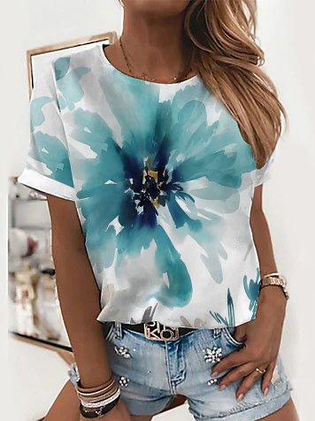 

JFN Round Neck Floral Vacation T-Shirt/Tee, Blue, T-Shirts