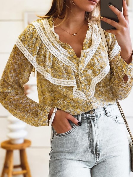 

V Neck Loosen Casual Long sleeve tops, Yellow, Tops