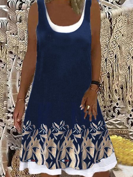 

Floral Vacation Loosen A-line Knee Short sleeve Knit Dress, Blue, Dresses