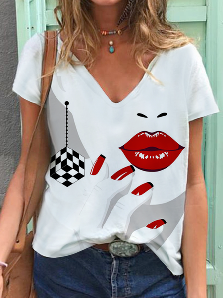 

Abstract Face Print Casual Short Sleeve T-Shirt V Neck Loosen Casual Short Sleeve T-shirt, White, T-Shirts