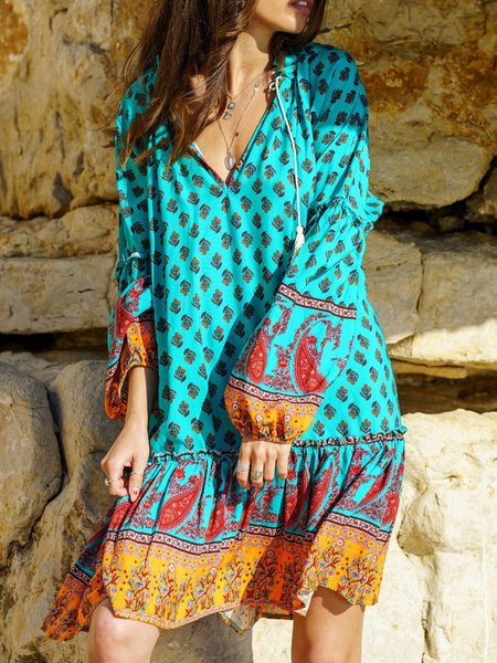 

Tribal V Neck Loosen Dresses, Blue, Mini Dresses