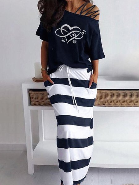 

Striped Heart Casual Loosen Pockets Cotton Blends Boat Neck Dresses, Blue, Maxi Dresses