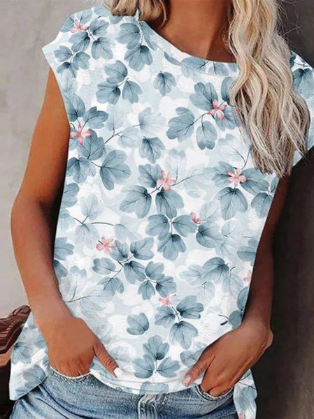 

Floral Vacation Crew Neck Shirts & Tops, Blue, T-Shirts