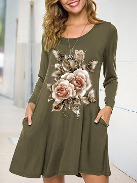 

Floral Print Designer Spring New Arrivals Women's Knit Long Sleeve T-Shirt Dress, Green, Floral Dresses